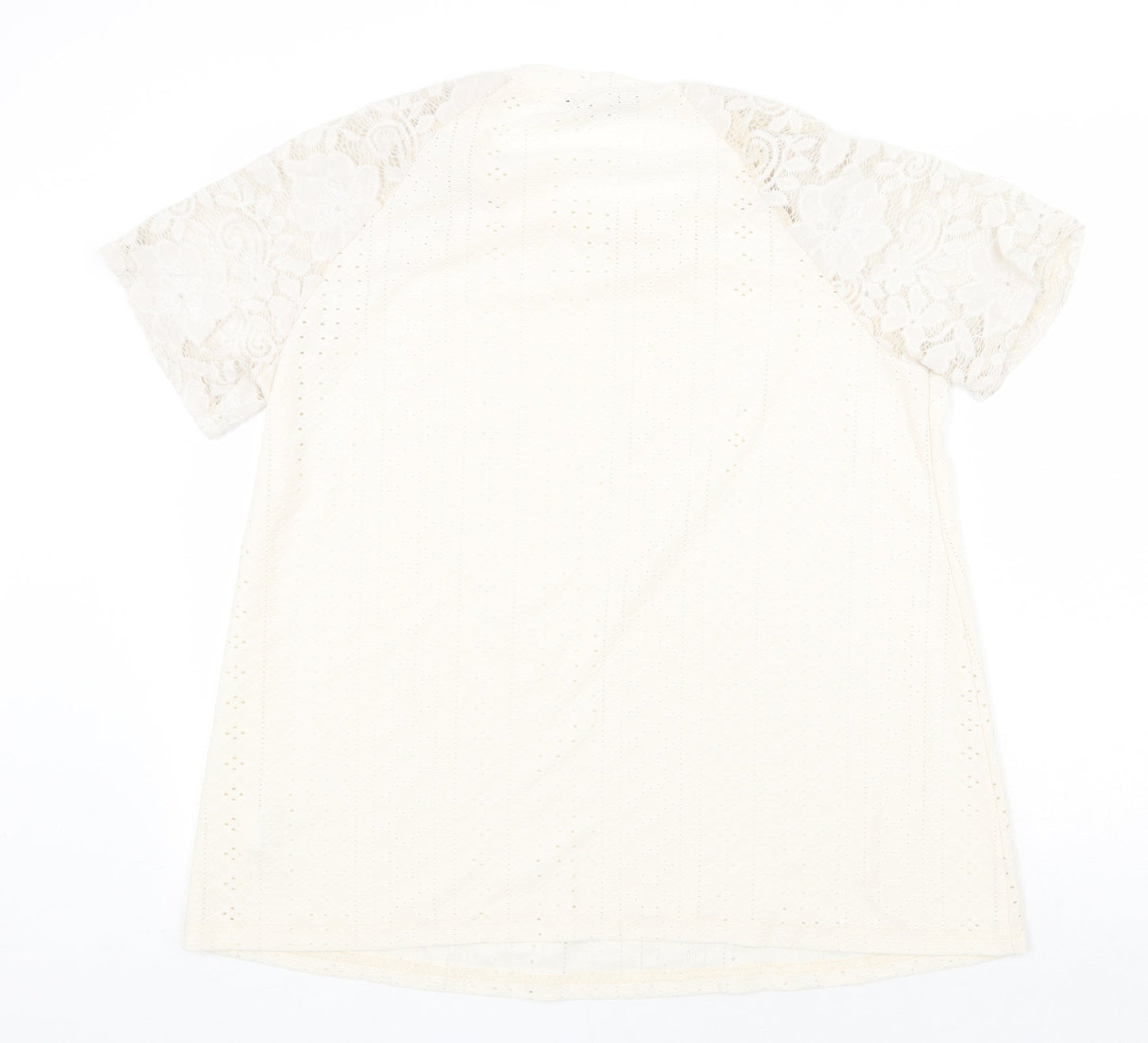 Bloomchic Womens Ivory Polyester Basic T-Shirt Size 10 Round Neck - Lace Sleeve