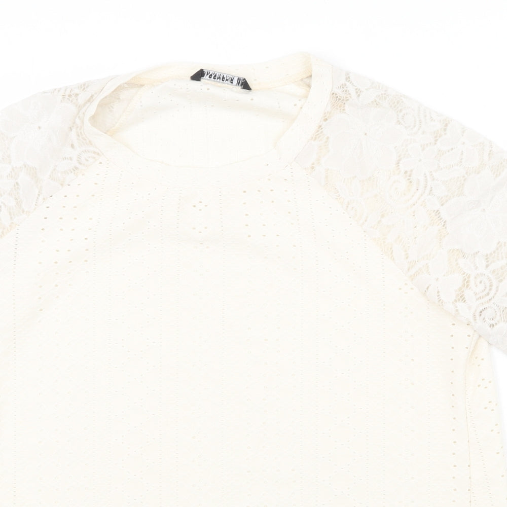 Bloomchic Womens Ivory Polyester Basic T-Shirt Size 10 Round Neck - Lace Sleeve