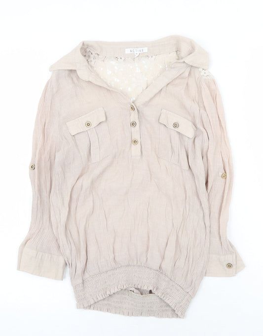 Active Womens Beige Cotton Basic Blouse Size M V-Neck - Lace Detail