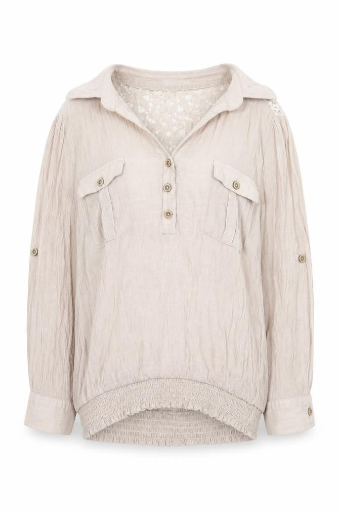 Active Womens Beige Cotton Basic Blouse Size M V-Neck - Lace Detail