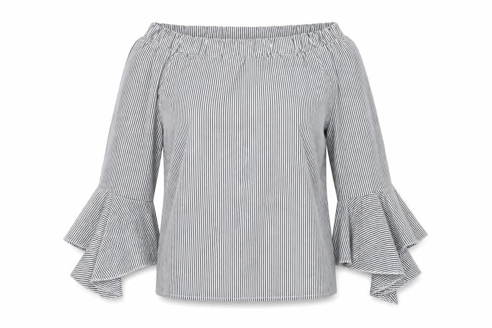 Piano C Womens Grey Striped Cotton Basic Blouse Size S Off the Shoulder - Bardot
