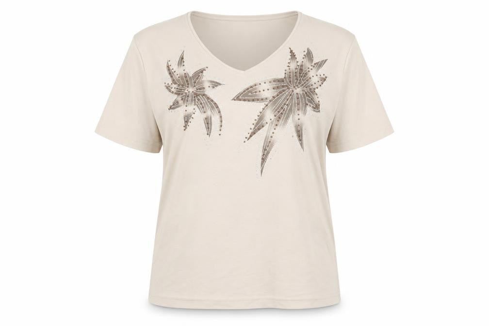 cha cha Womens Beige Polyester Basic T-Shirt Size 16 V-Neck