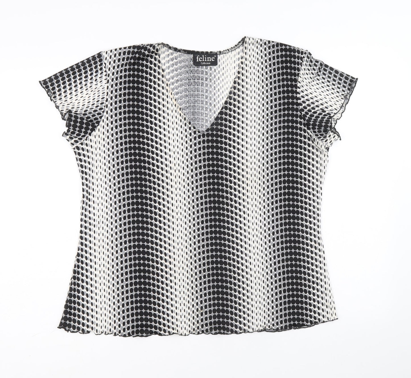 Feline Womens Black Geometric Polyester Basic T-Shirt Size M V-Neck