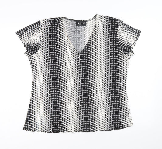 Feline Womens Black Geometric Polyester Basic T-Shirt Size M V-Neck