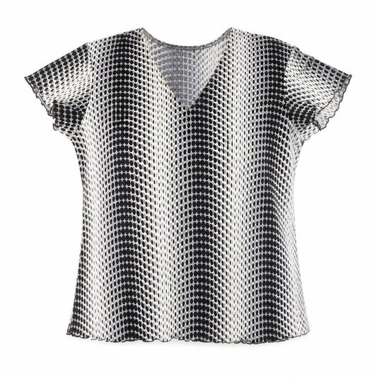 Feline Womens Black Geometric Polyester Basic T-Shirt Size M V-Neck