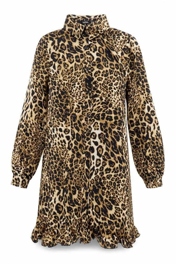 Boohoo Womens Beige Animal Print Polyester Shirt Dress Size 10 Collared Button - Leopard Pattern
