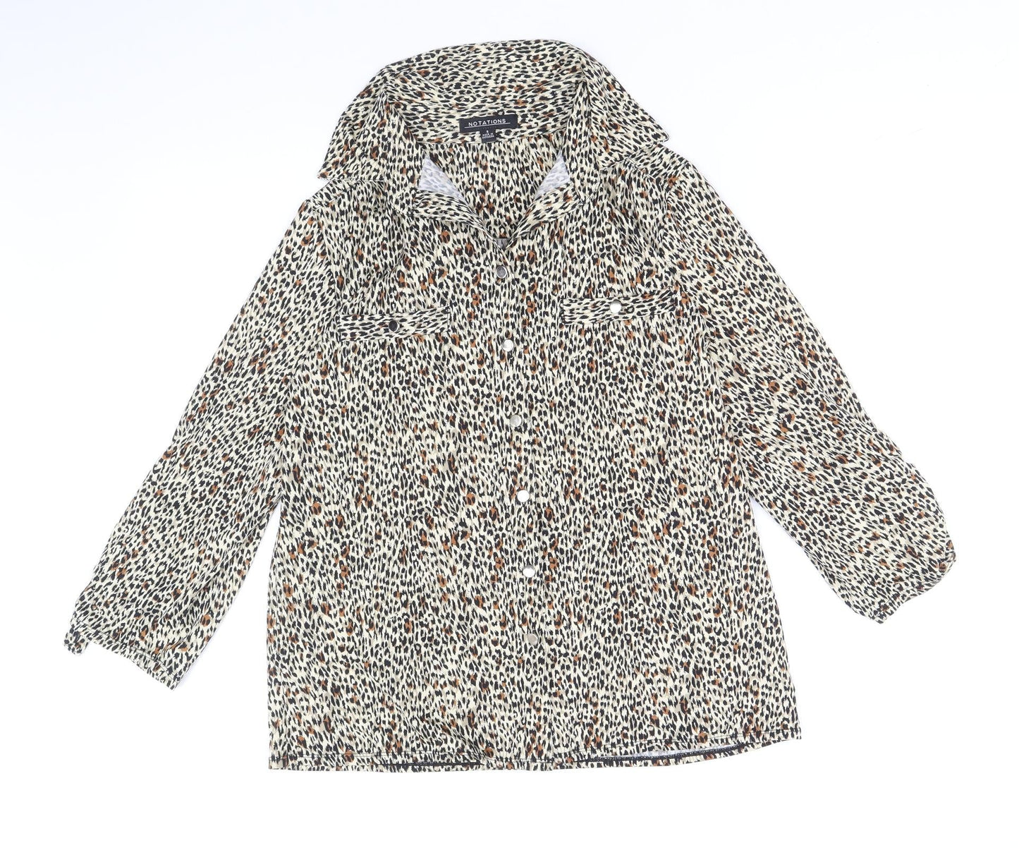 Notations Womens Brown Geometric Polyester Basic Button-Up Size S V-Neck