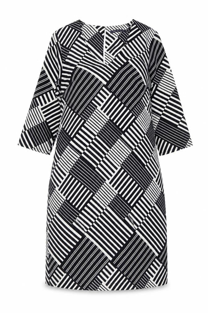 Marks & Spencer Womens Black Geometric Polyester Shift Size 10 V-Neck Button