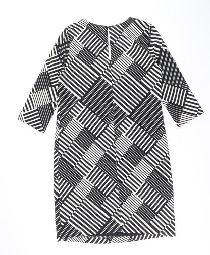 Marks & Spencer Womens Black Geometric Polyester Shift Size 10 V-Neck Button