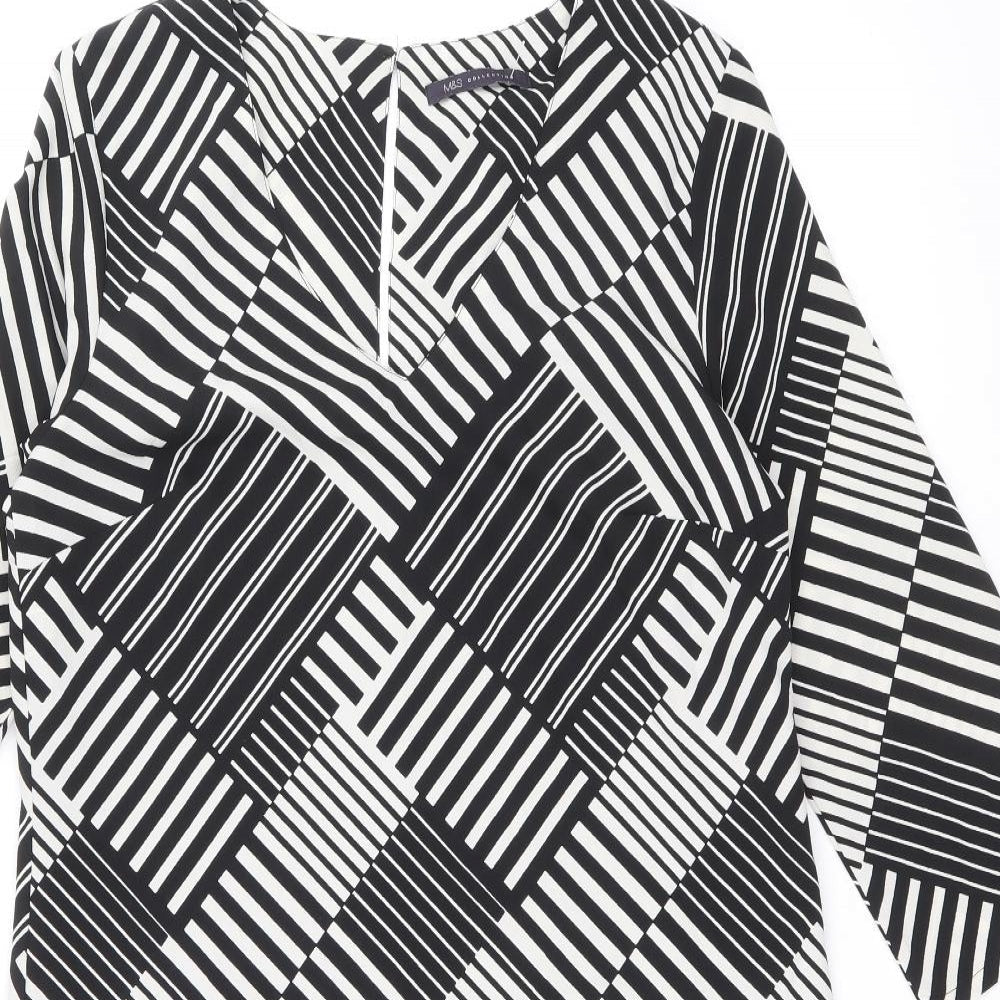 Marks and Spencer Womens Black Geometric Polyester Shift Size 10 V-Neck Button