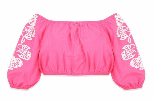 Marks and Spencer Womens Pink Cotton Cropped Blouse Size 18 Boat Neck - Flower Detail