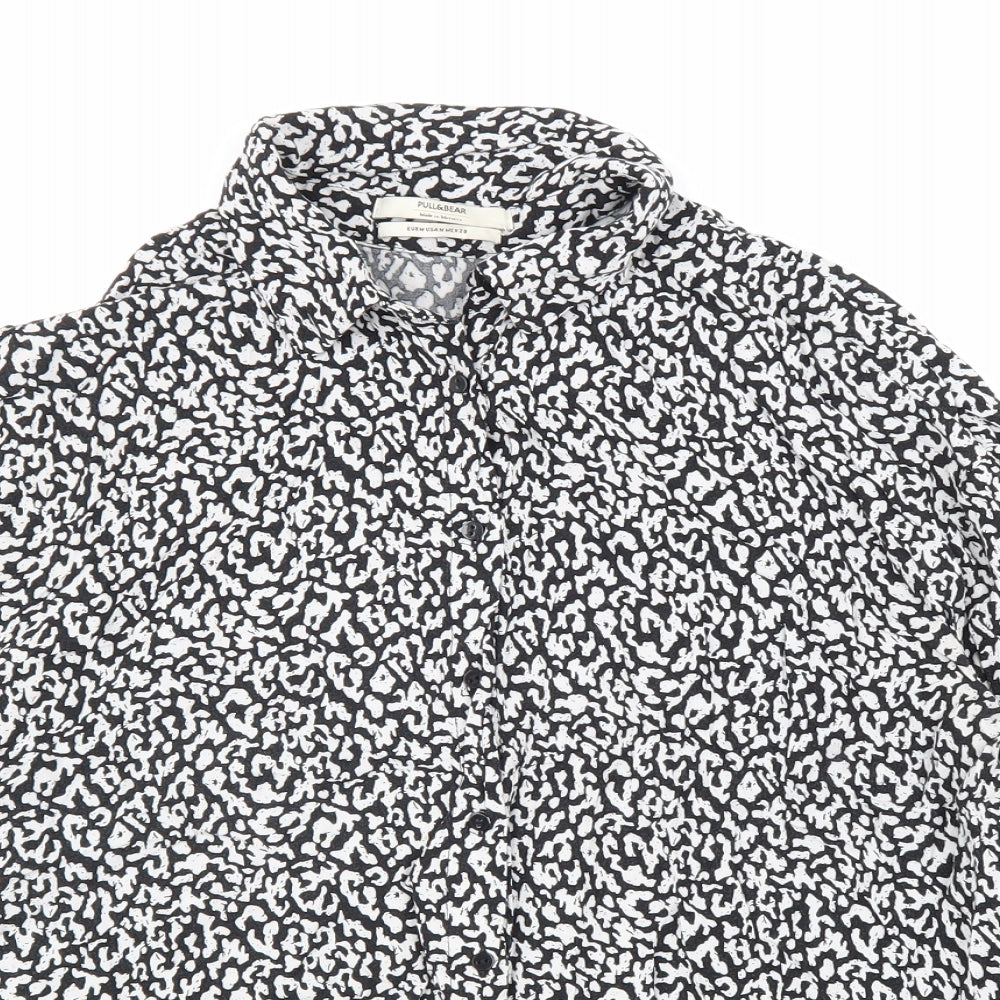 Pull&Bear Womens Black Geometric Viscose Basic Button-Up Size M V-Neck