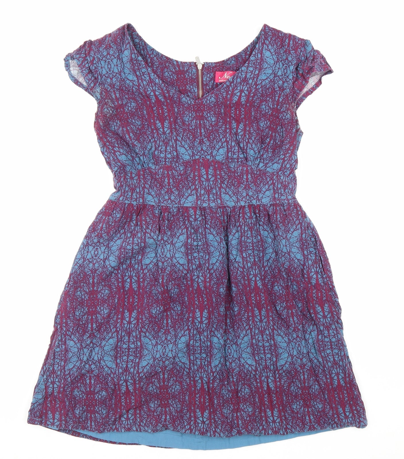Ness Womens Blue Geometric Viscose A-Line Size 10 V-Neck Zip