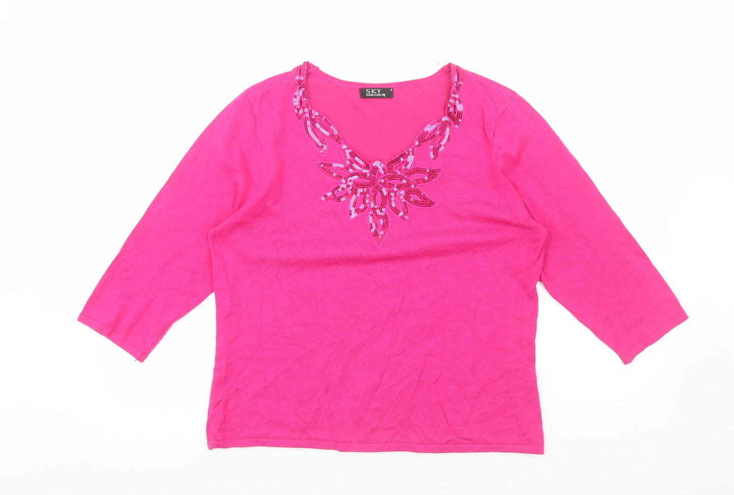SKY DESIGNS Womens Pink Viscose Basic T-Shirt Size M V-Neck