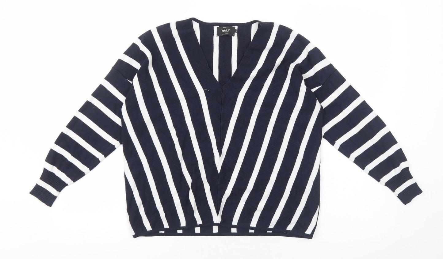 Only Womens Blue V-Neck Striped Viscose Pullover Jumper Size S