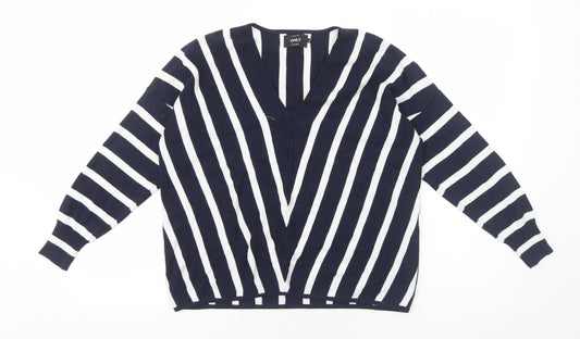 Only Womens Blue V-Neck Striped Viscose Pullover Jumper Size S