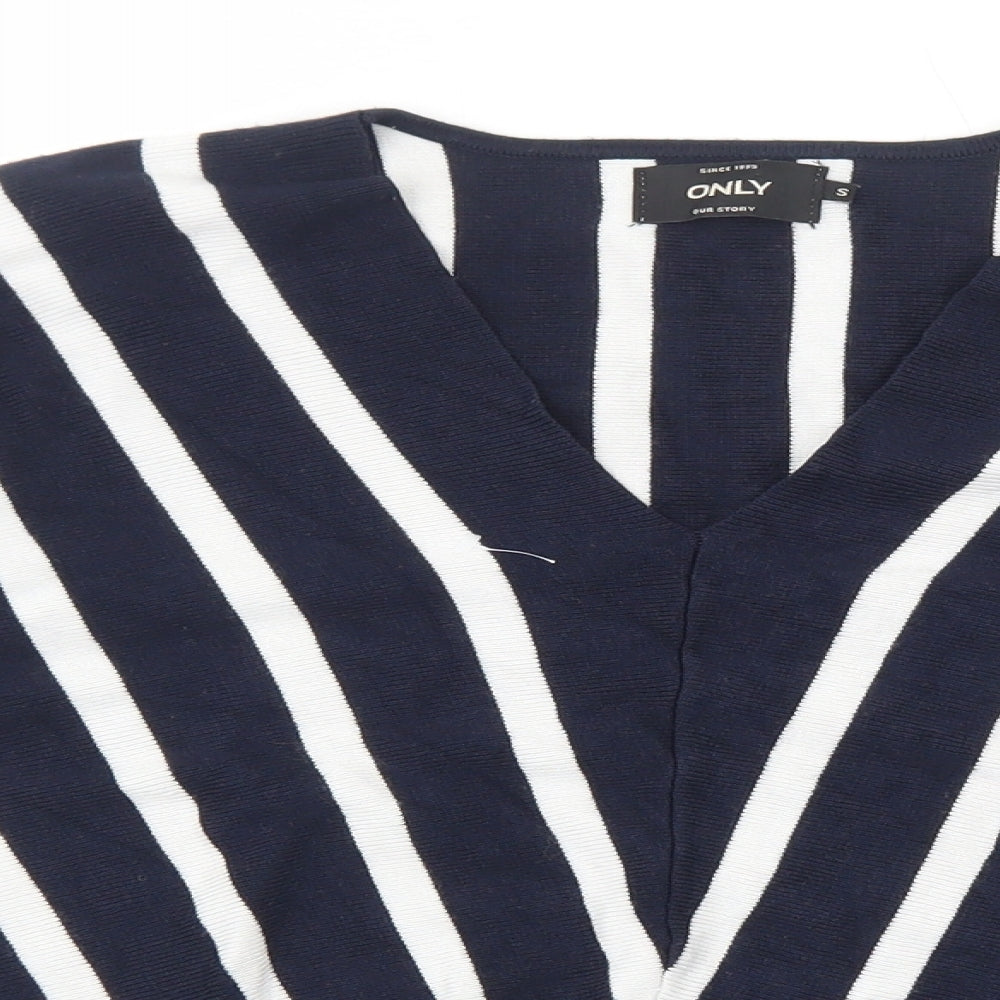 Only Womens Blue V-Neck Striped Viscose Pullover Jumper Size S