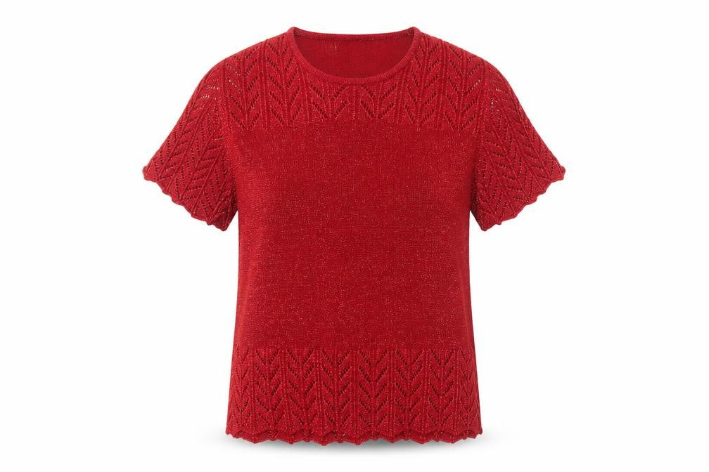 EWM Womens Red Acrylic Basic Blouse Size M Round Neck