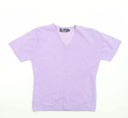 Akal Collection Womens Purple Polyester Basic T-Shirt Size S V-Neck