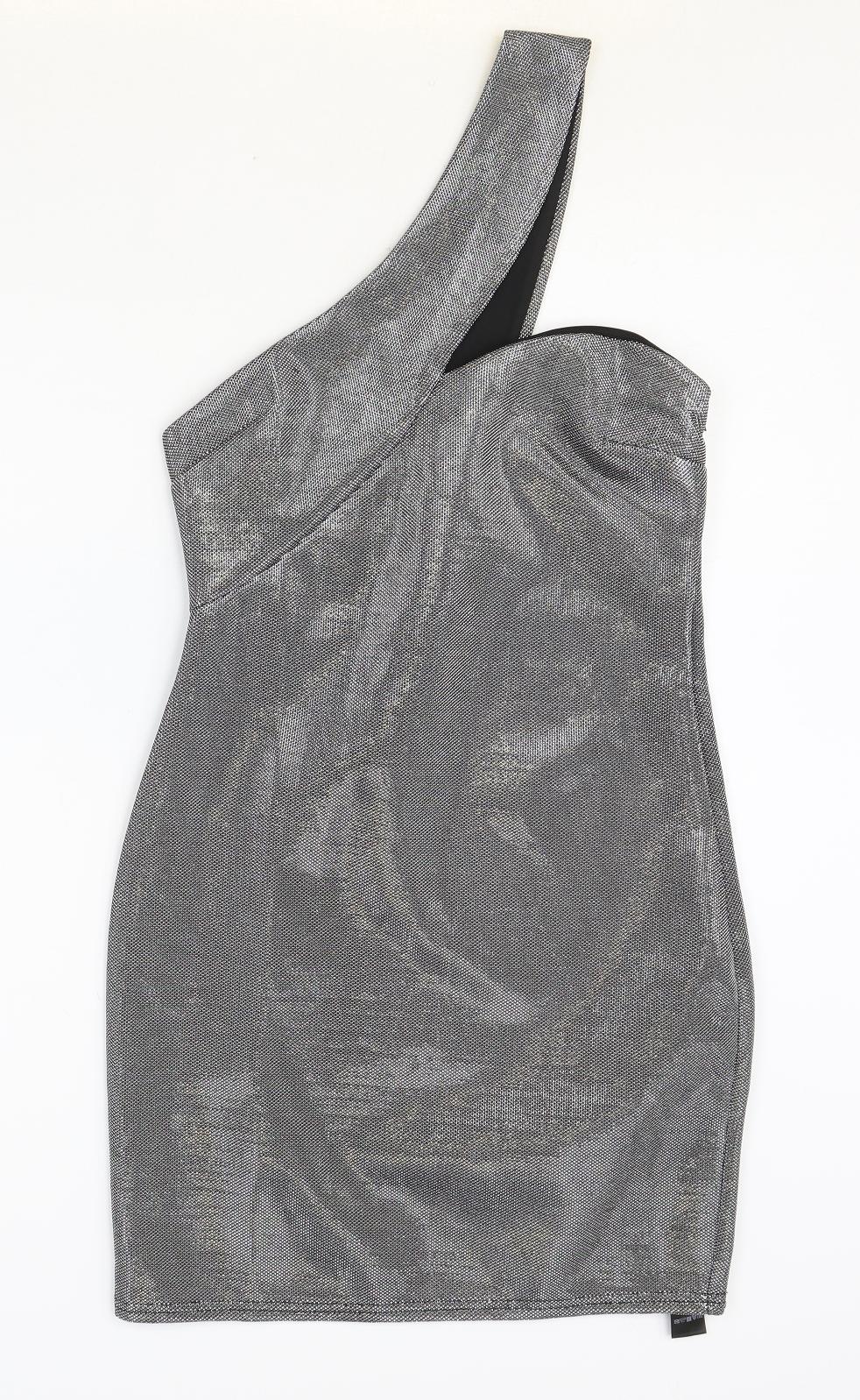 ASOS Womens Silver Polyester Bodycon Size 10 Off the Shoulder Zip