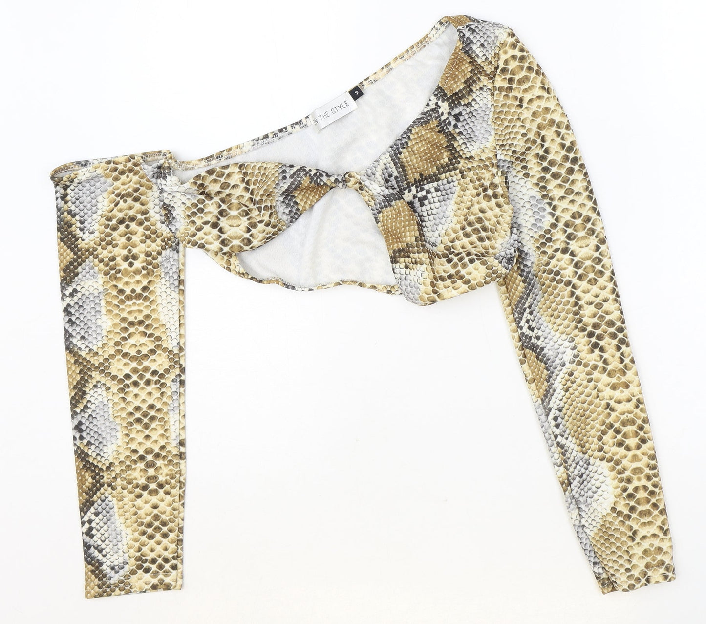 In the Style Womens Brown Animal Print Polyester Cropped Blouse Size 10 Off the Shoulder - Snake Skin Print
