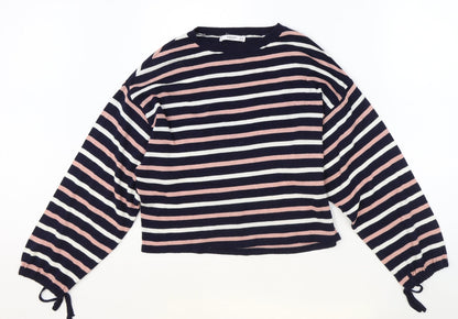 Mango Womens Blue Round Neck Striped Polyester Pullover Jumper Size S