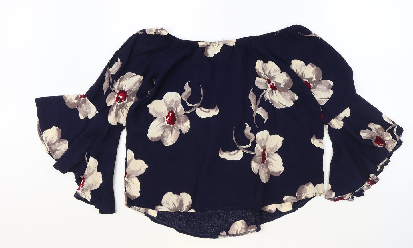 Apricot Womens Blue Floral Viscose Cropped Blouse Size 8 Boat Neck
