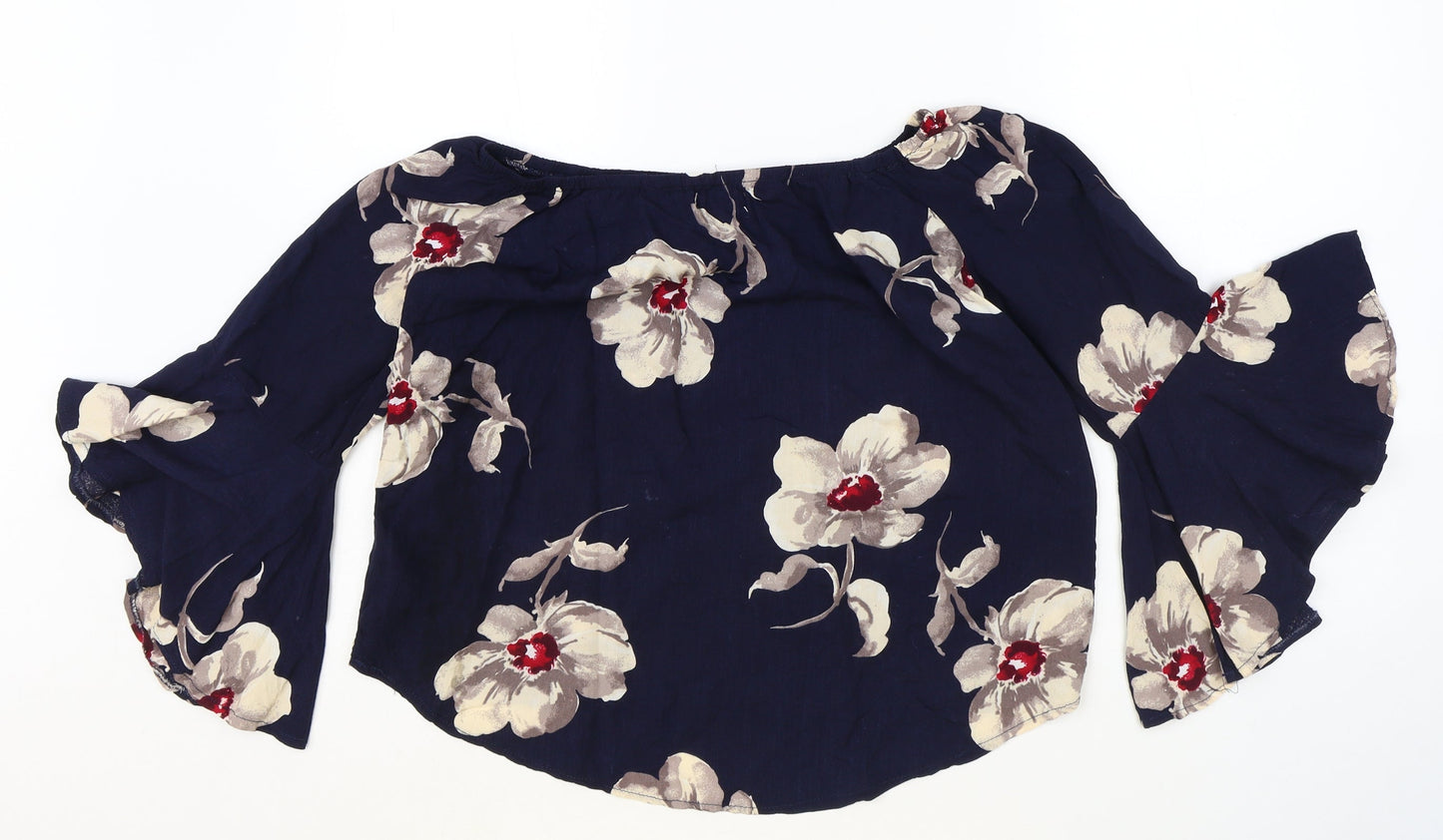 Apricot Womens Blue Floral Viscose Cropped Blouse Size 8 Boat Neck