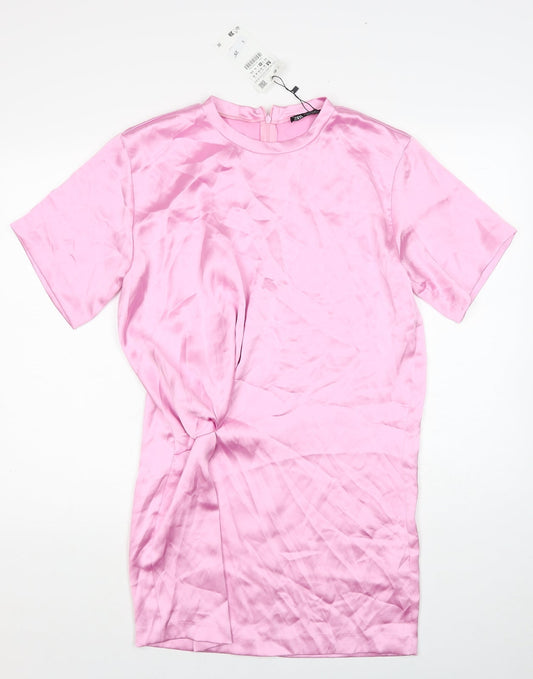 Zara Womens Pink Polyester T-Shirt Dress Size M Round Neck Zip
