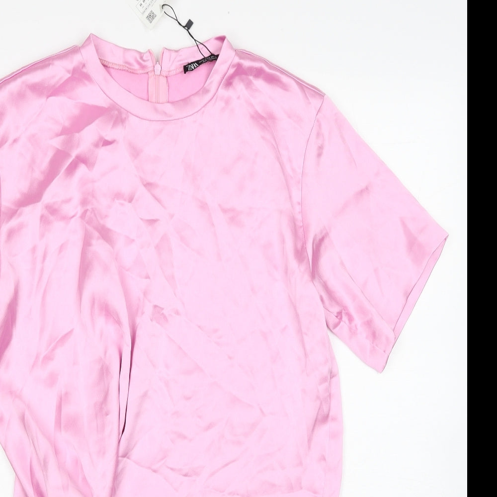 Zara Womens Pink Polyester T-Shirt Dress Size M Round Neck Zip
