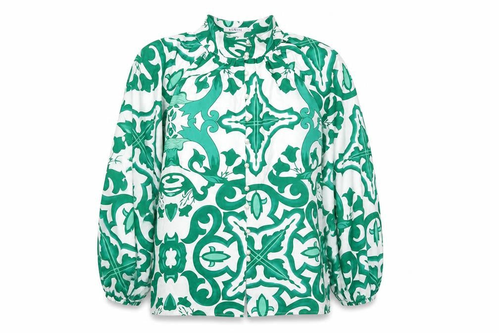 White Icy Womens Green Floral Polyester Basic Blouse Size S Round Neck