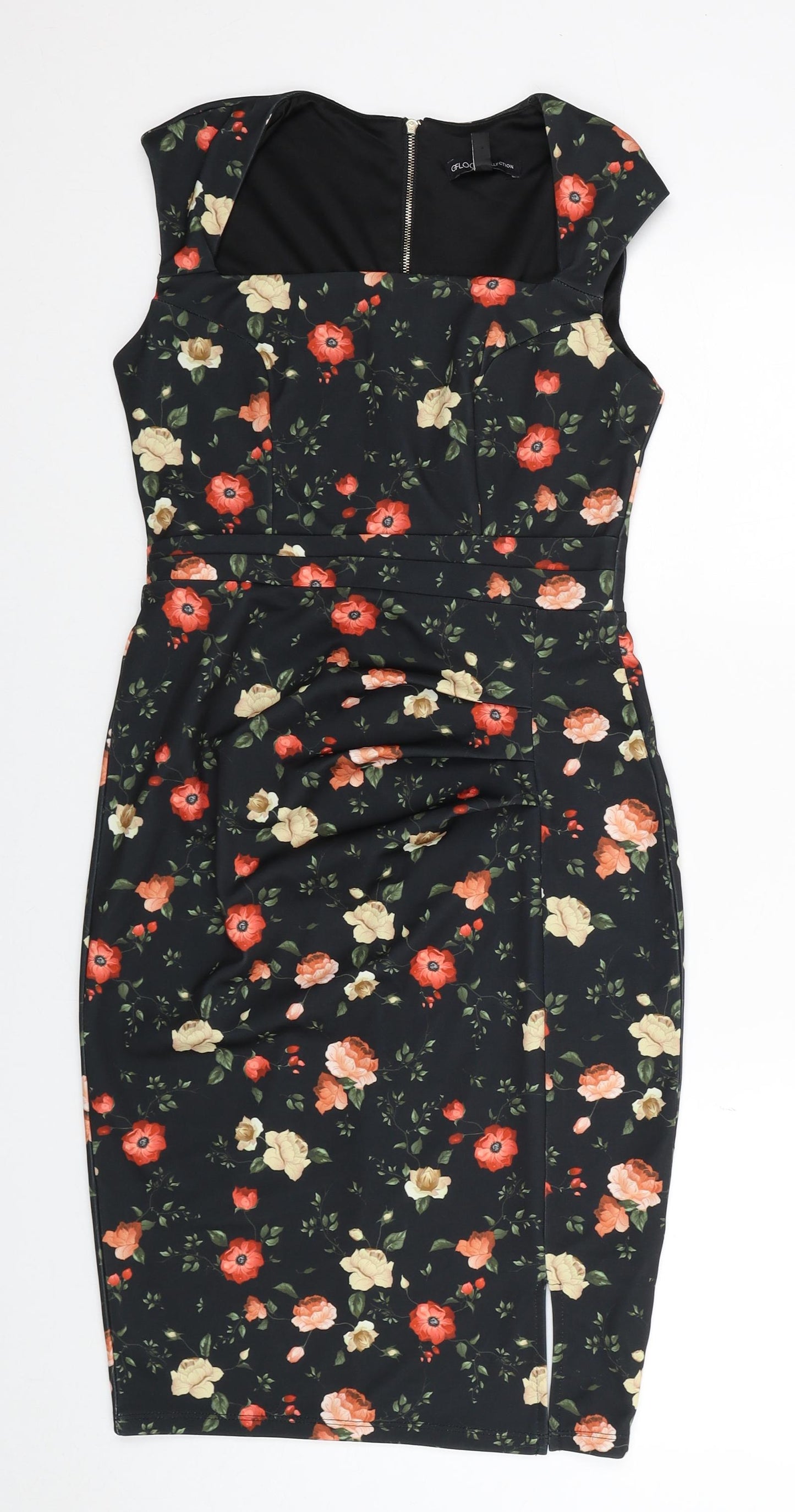 GFLock Womens Black Floral Nylon Shift Size 8 Square Neck Zip