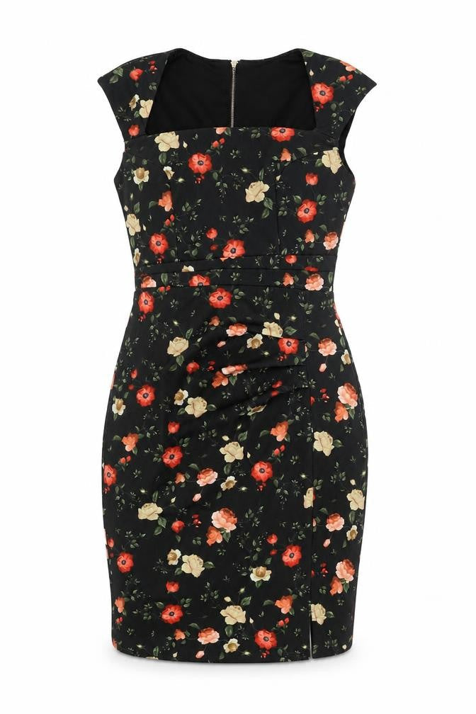 GFLock Womens Black Floral Nylon Shift Size 8 Square Neck Zip
