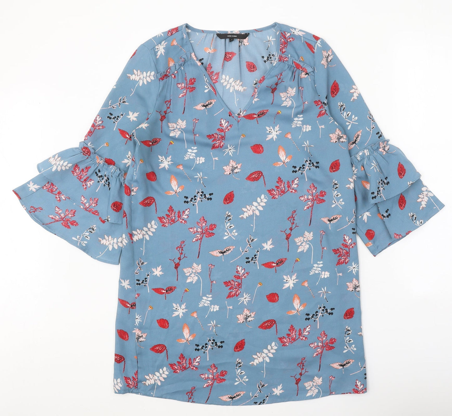 VERO MODA Womens Blue Floral Polyester Basic Blouse Size S V-Neck