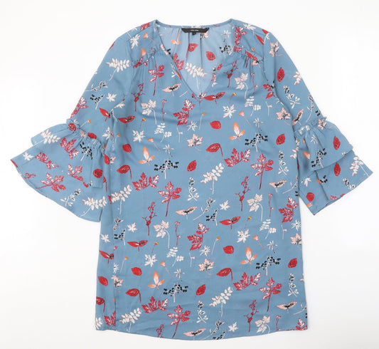 VERO MODA Womens Blue Floral Polyester Basic Blouse Size S V-Neck