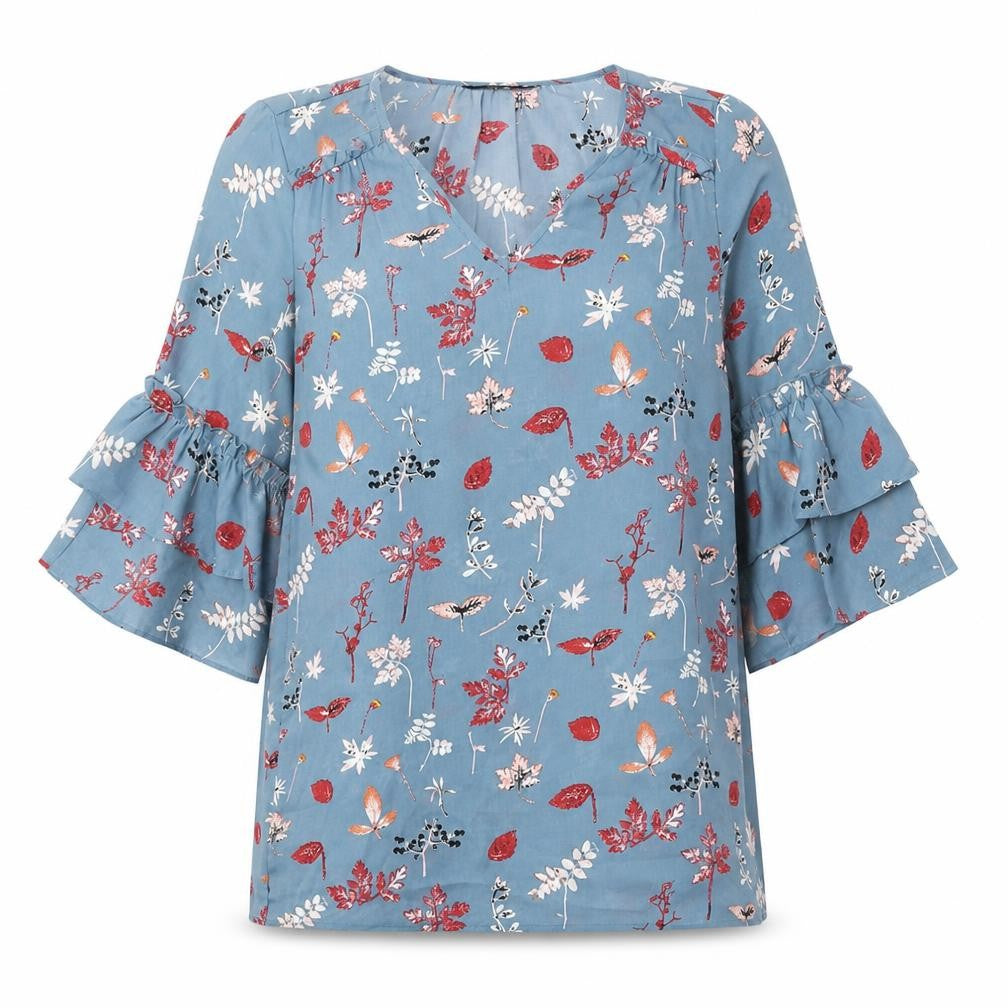 VERO MODA Womens Blue Floral Polyester Basic Blouse Size S V-Neck