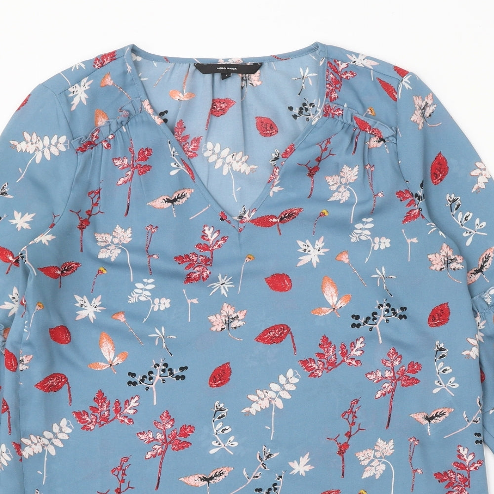 VERO MODA Womens Blue Floral Polyester Basic Blouse Size S V-Neck
