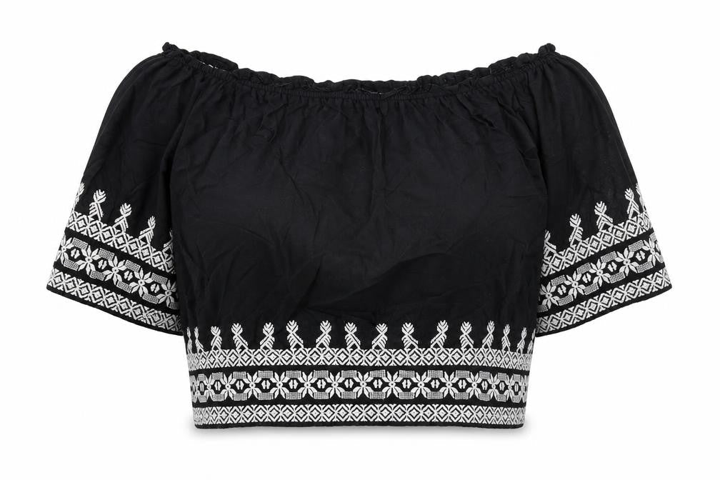 TU Womens Black Geometric 100% Cotton Cropped Blouse Size 12 Off the Shoulder - Bardot