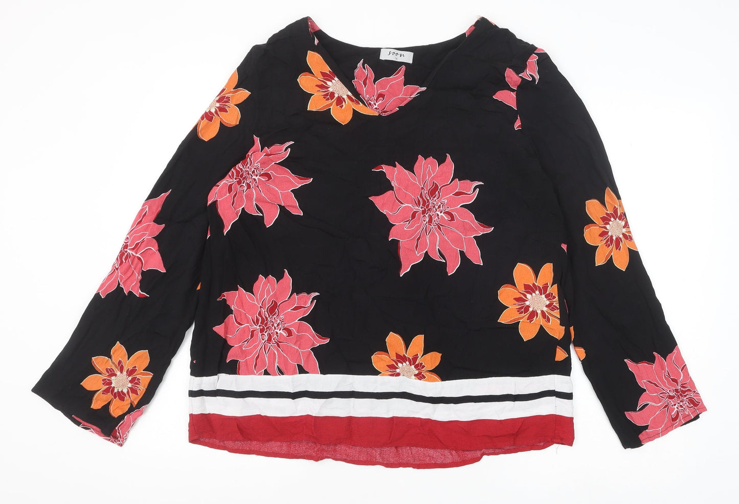 Soon Womens Black Floral Viscose Basic Blouse Size 14 V-Neck