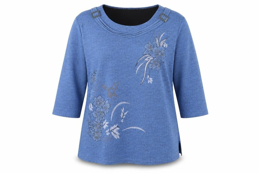 Sukhmani of London Womens Blue Polyester Basic Blouse Size 3XL Round Neck - Flower Detail