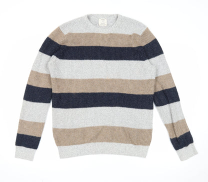 Marks & Spencer Mens Multicoloured Round Neck Striped Polyamide Pullover Jumper Size M Long Sleeve