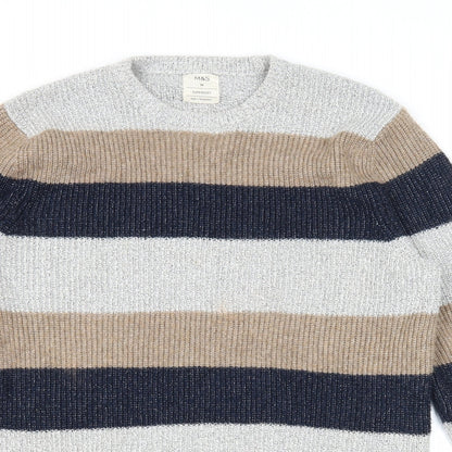 Marks & Spencer Mens Multicoloured Round Neck Striped Polyamide Pullover Jumper Size M Long Sleeve