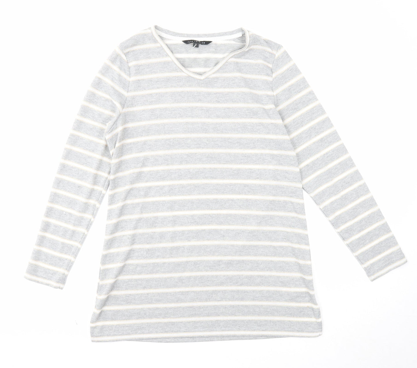 Love Leisure Womens Grey V-Neck Striped Polyester Pullover Jumper Size 14