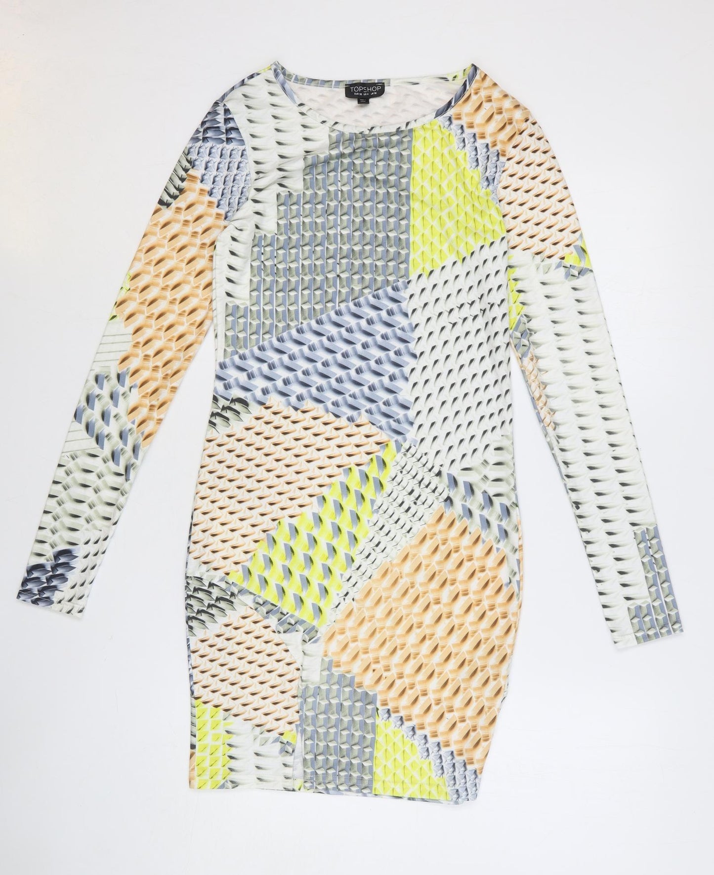 Topshop Womens Multicoloured Geometric Polyester Bodycon Size 10 Round Neck