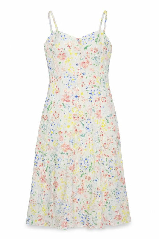 Womens Beige Floral Polyester Tank Dress Size XS V-Neck Button