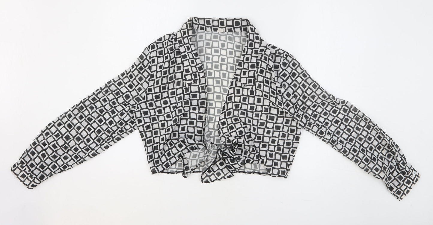 Preworn Womens Black Geometric Polyester Cropped Blouse Size 14 Collared