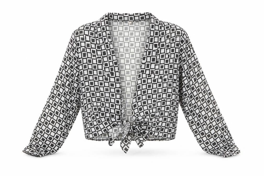 Preworn Womens Black Geometric Polyester Cropped Blouse Size 14 Collared