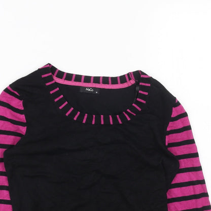 M&Co Womens Black Scoop Neck Striped Acrylic Pullover Jumper Size 10