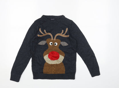 Next Womens Grey Round Neck Acrylic Pullover Jumper Size S - Reindeer