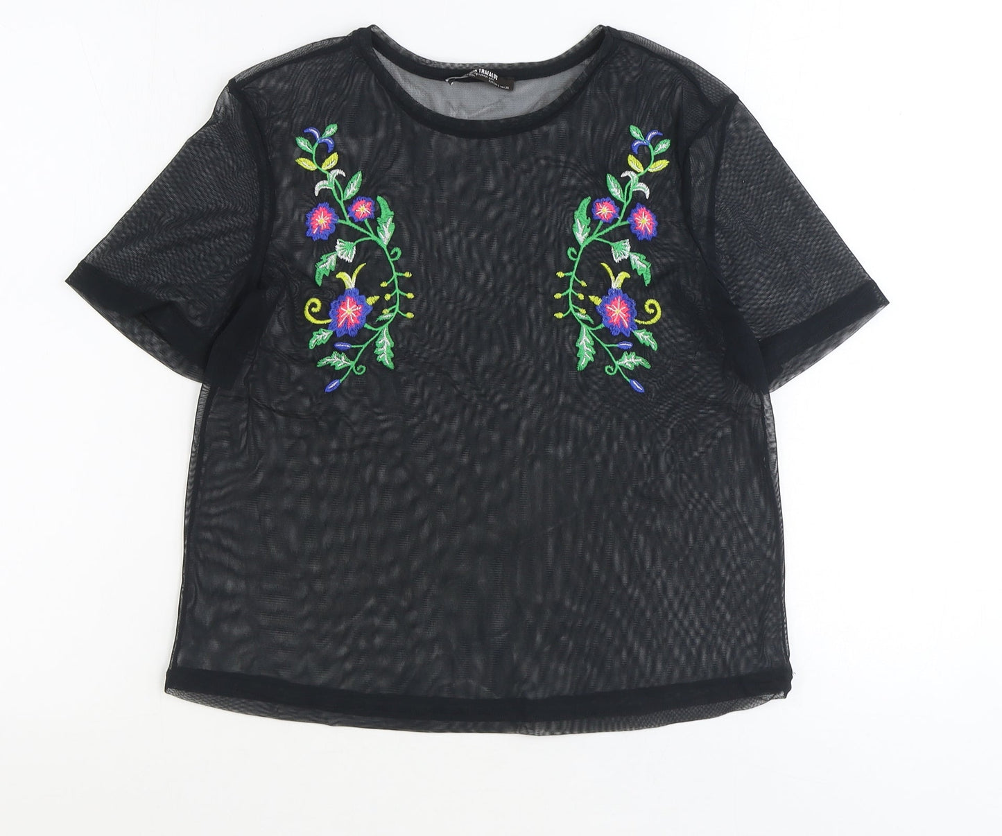 Zara Womens Black Polyester Basic T-Shirt Size S Round Neck - Flower Detail